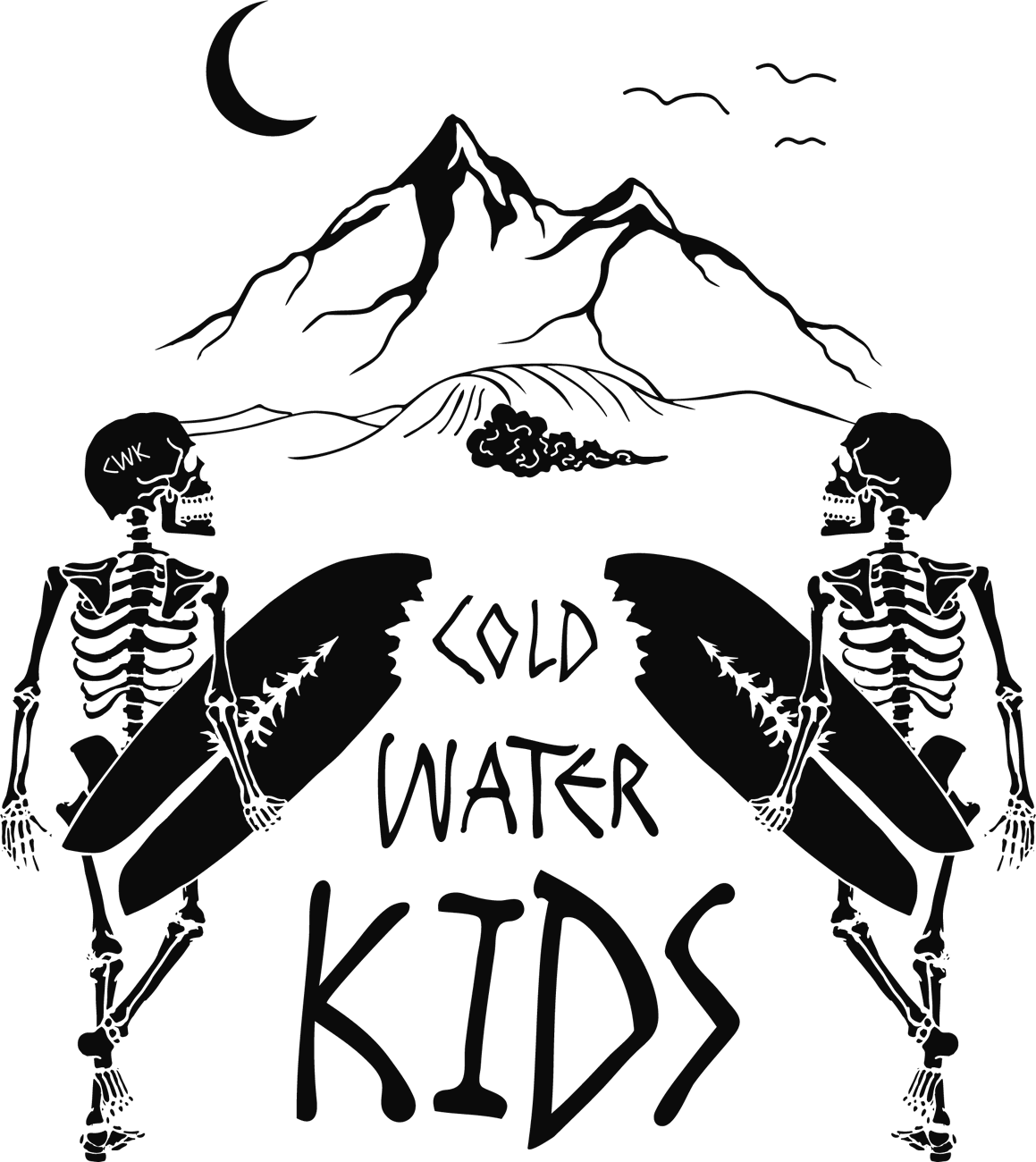 Two skeleton surfers with boards under mountains and a crescent moon, with hand-lettered Cold Water Kids